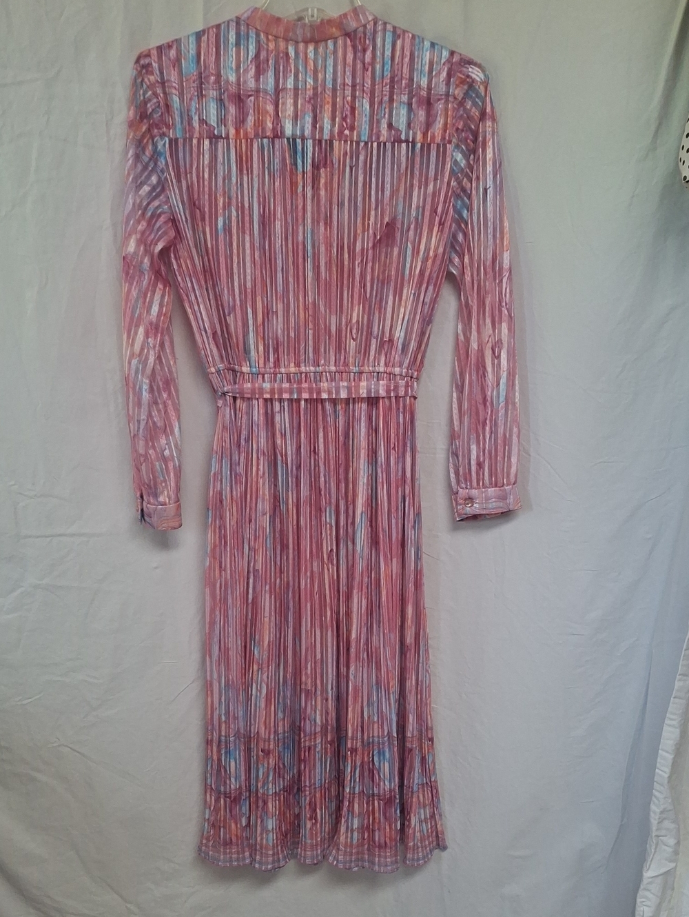 Vtg 70s 80s Pleated Metallic Shimmer Midi Dress Sheer Watercolor Pink S M